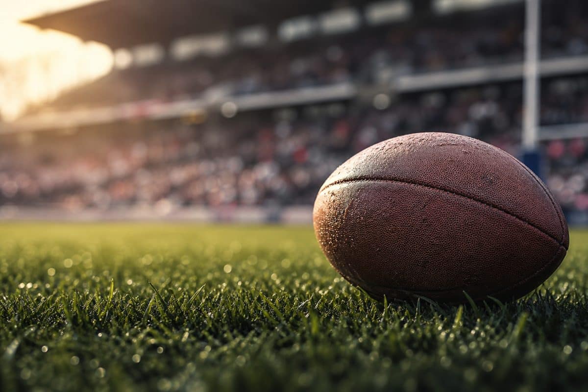 Ballon de rugby sur une pelouse de stade